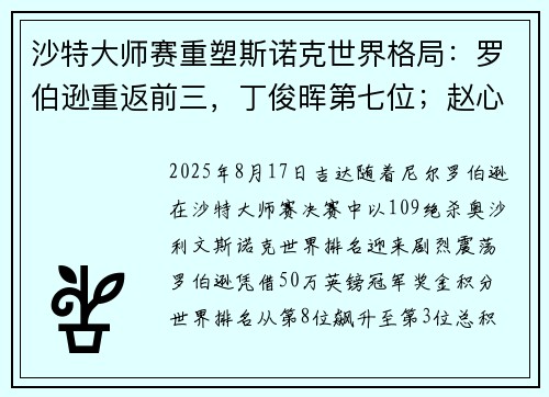 沙特大师赛重塑斯诺克世界格局：罗伯逊重返前三，丁俊晖第七位；赵心童第10位