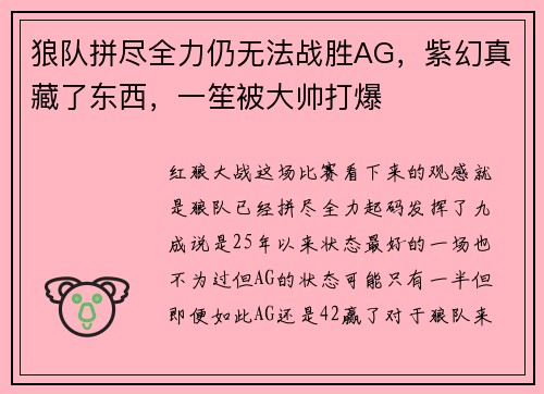 狼队拼尽全力仍无法战胜AG，紫幻真藏了东西，一笙被大帅打爆